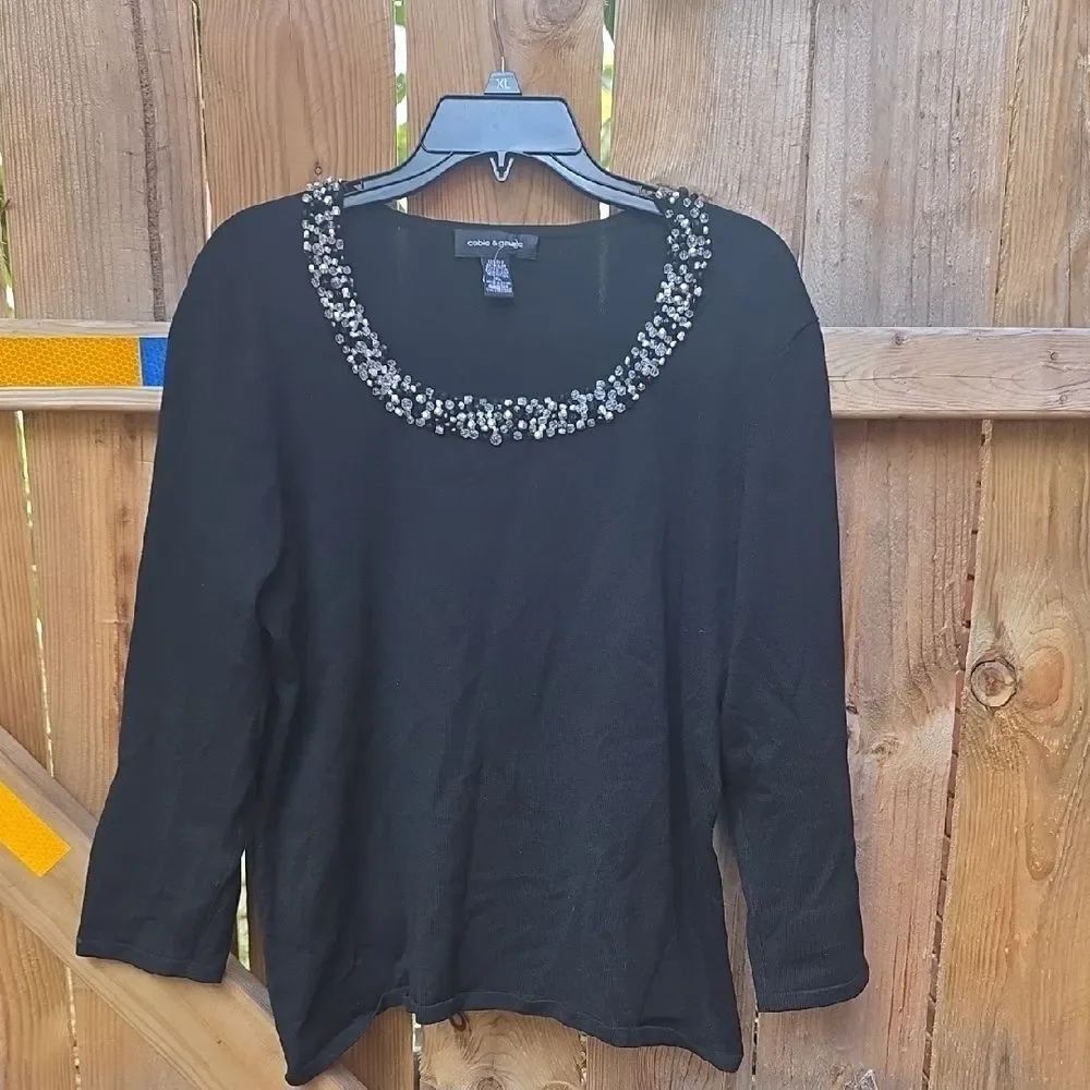 Cable & Gauge Black Top with Embellished Neckline
